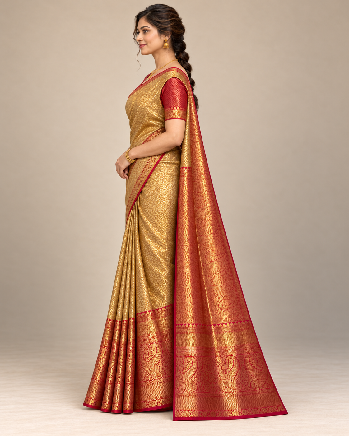 Side view — gold silk saree