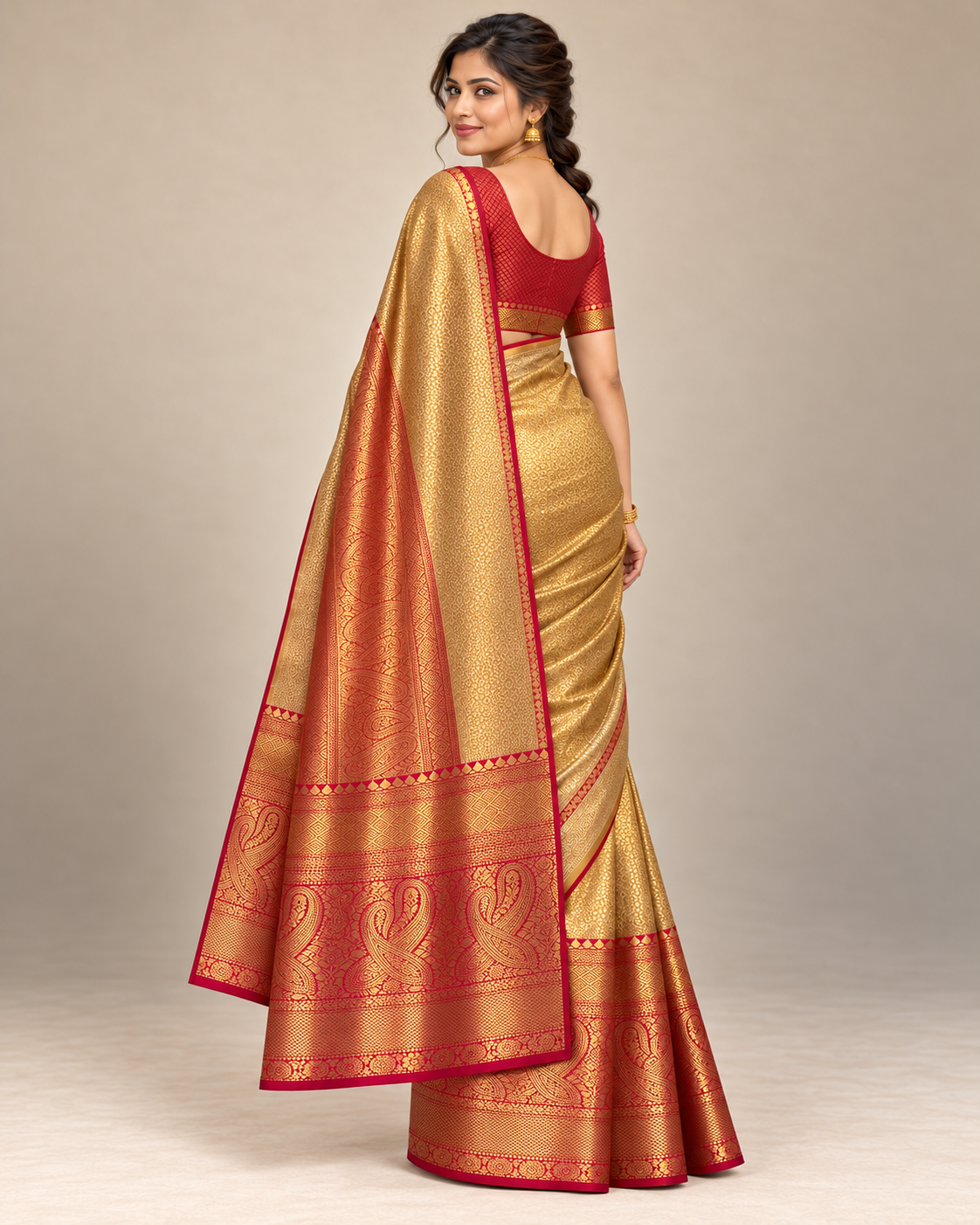 Back view — gold silk saree