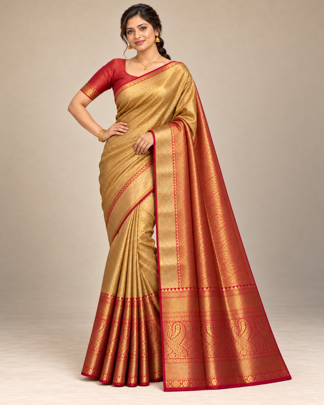Alternate pose — gold silk saree