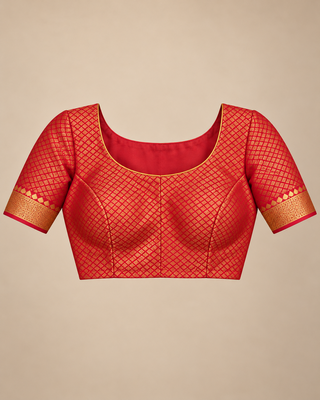 Stitched blouse styling example; unstitched fabric supplied — gold silk saree