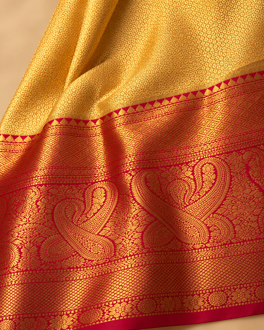 Fine gold weave and red paisley border detail — gold silk saree