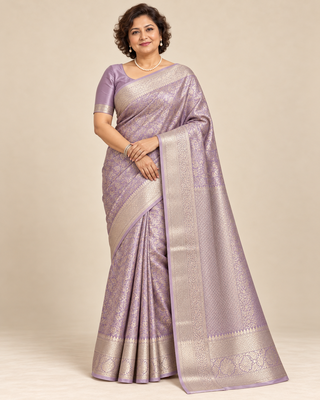 Front view — lavender silk saree