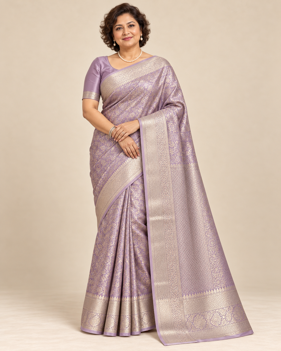 Front view — lavender silk saree