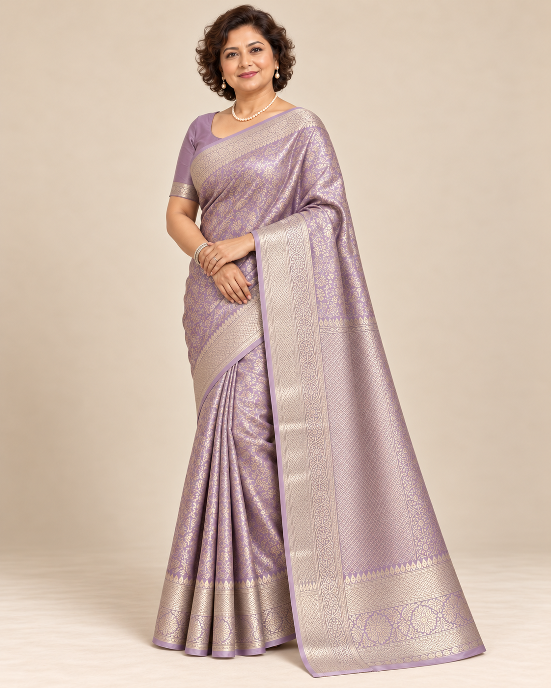 Three-quarter view — lavender silk saree