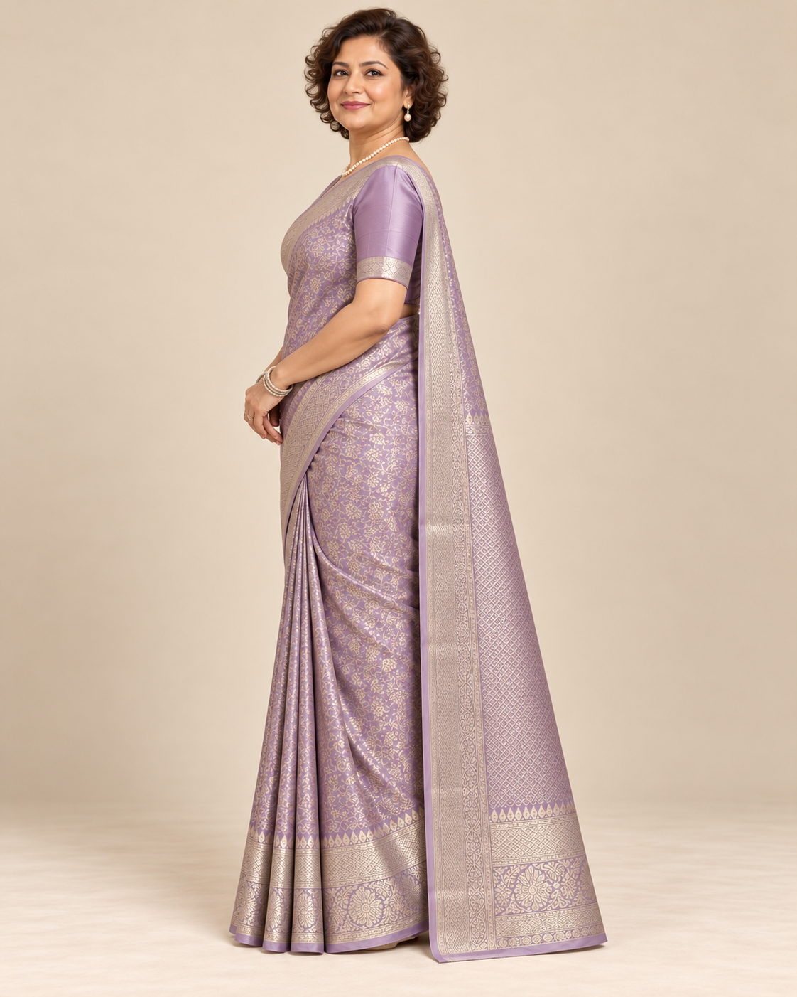 Side view — lavender silk saree
