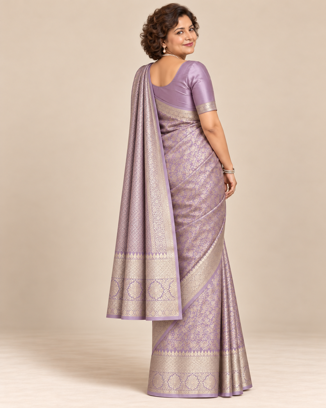 Back view — lavender silk saree