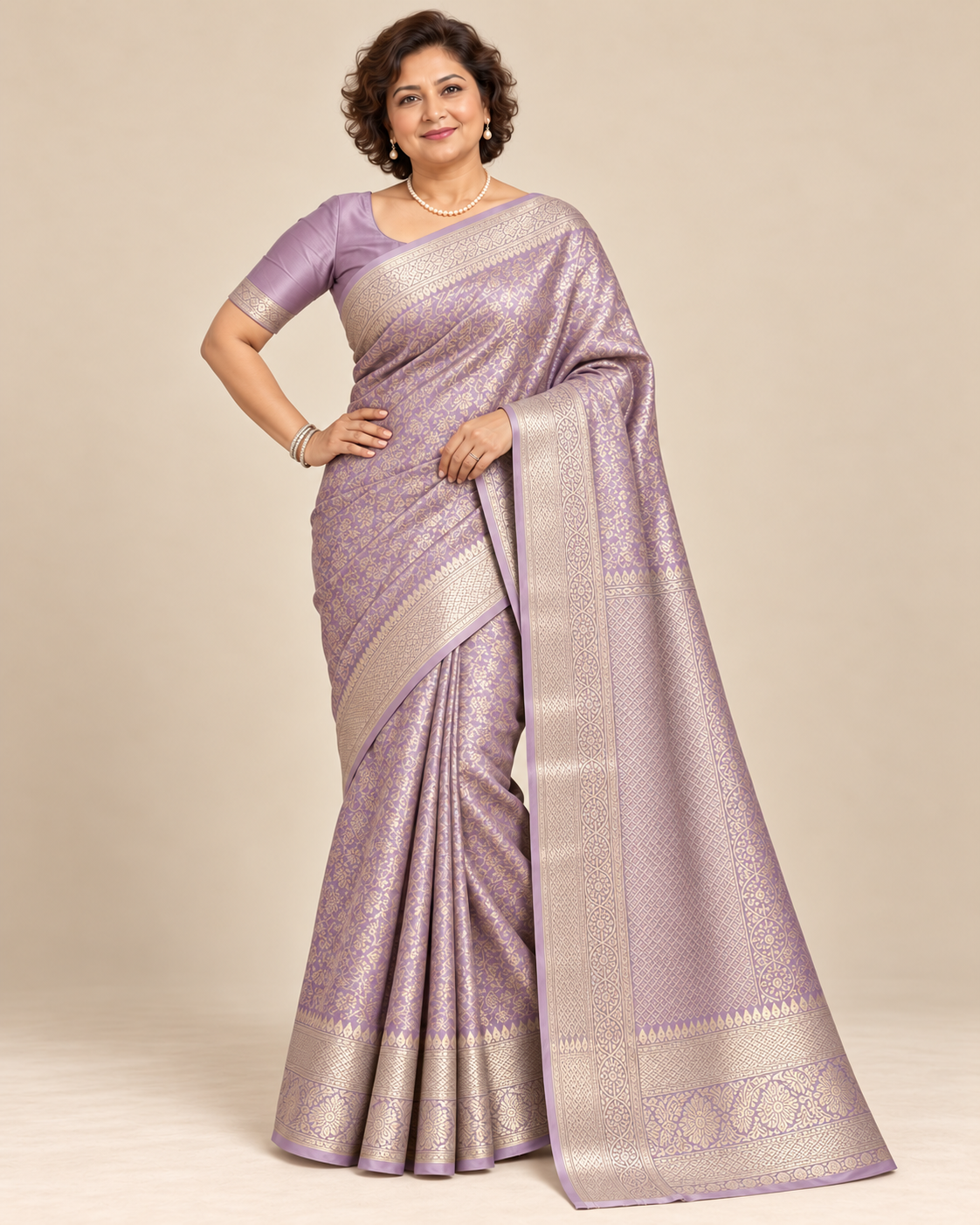Alternate pose — lavender silk saree
