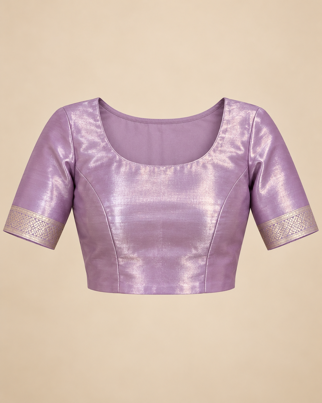 Stitched blouse styling example; unstitched fabric supplied — lavender silk saree