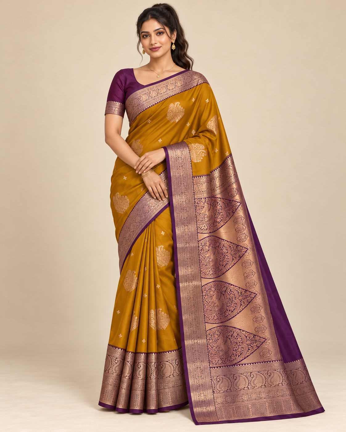 Front view — mustard and purple silk saree