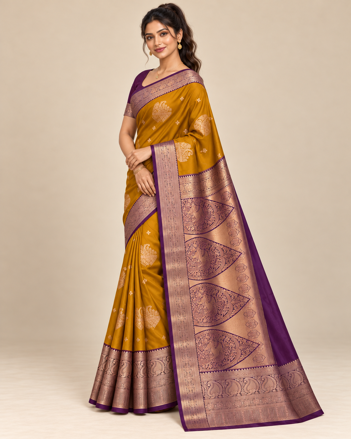 Three-quarter view — mustard and purple silk saree
