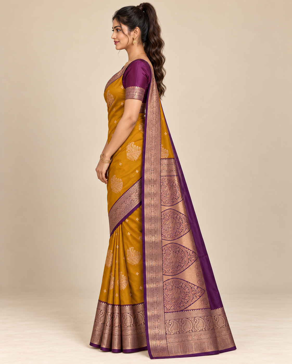 Side view — mustard and purple silk saree