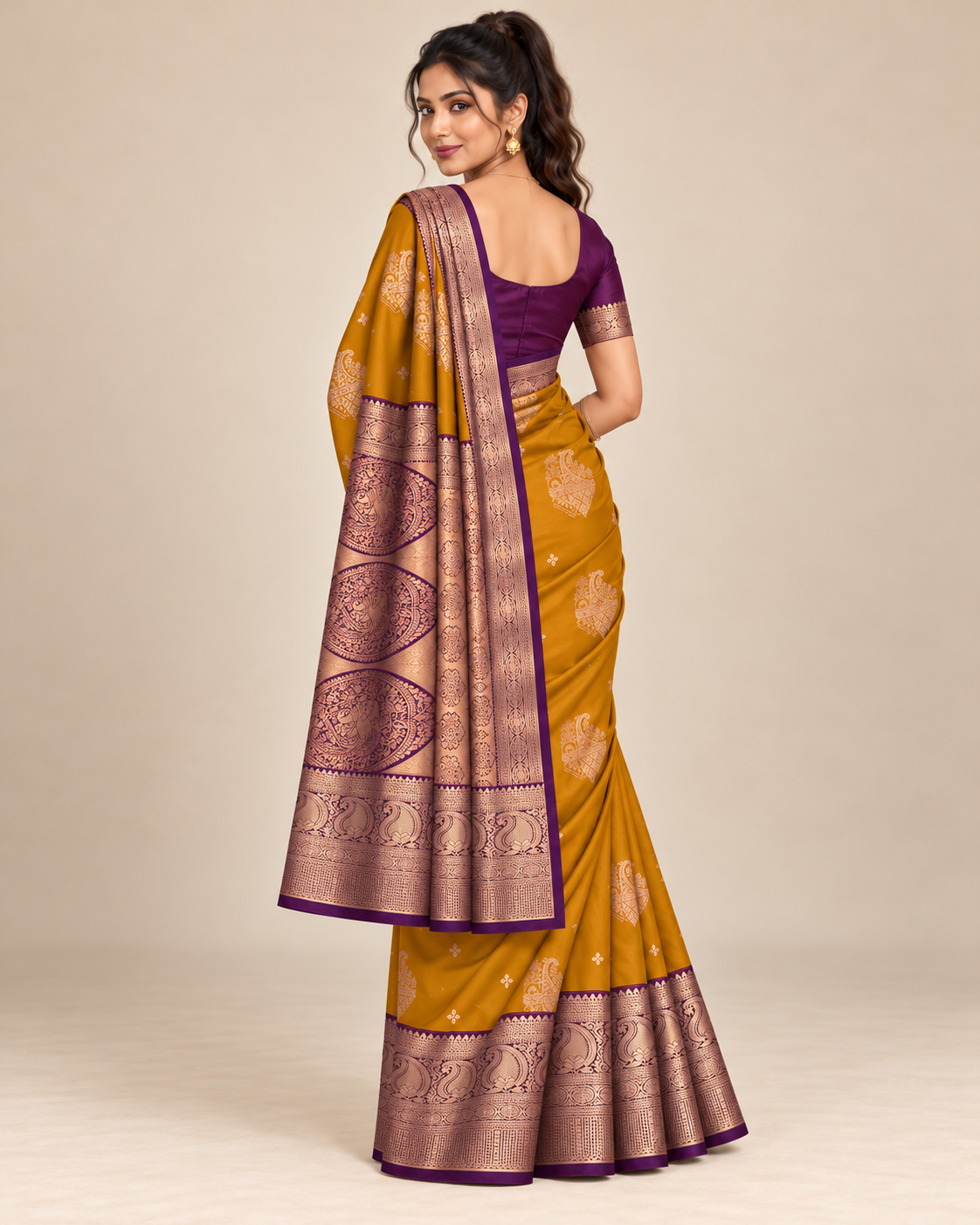 Back view — mustard and purple silk saree