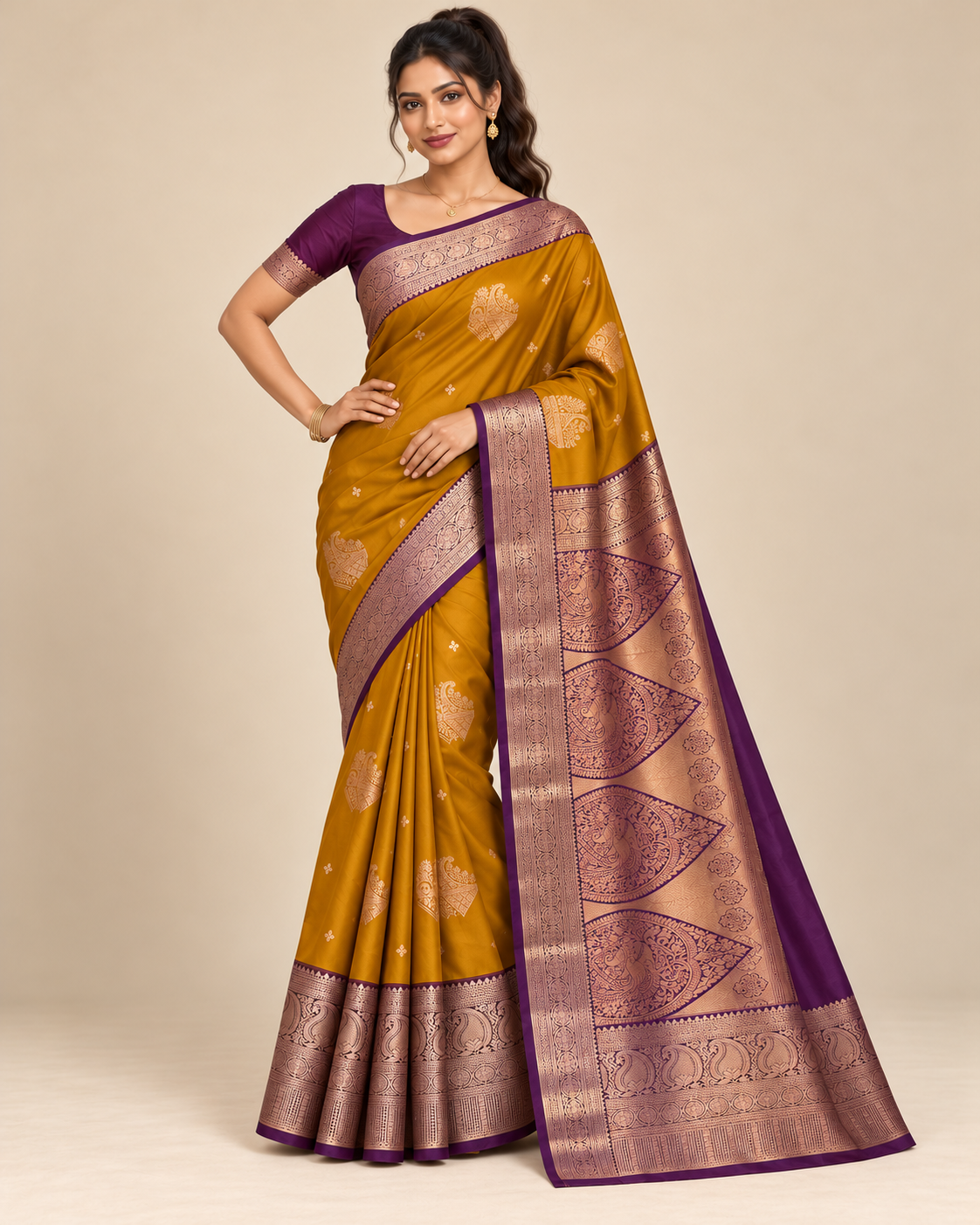 Alternate pose — mustard and purple silk saree