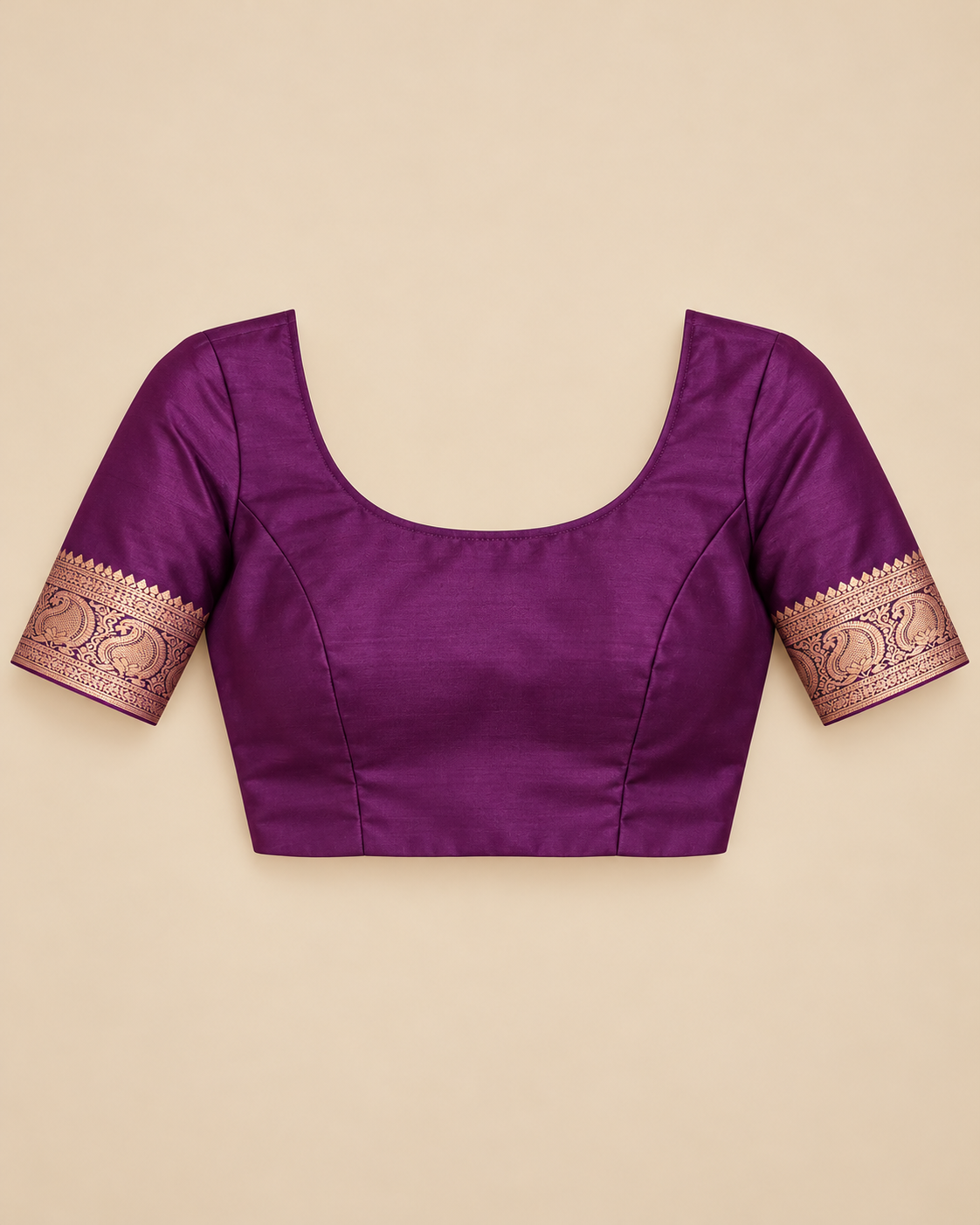 Stitched blouse styling example; unstitched fabric supplied — mustard and purple silk saree