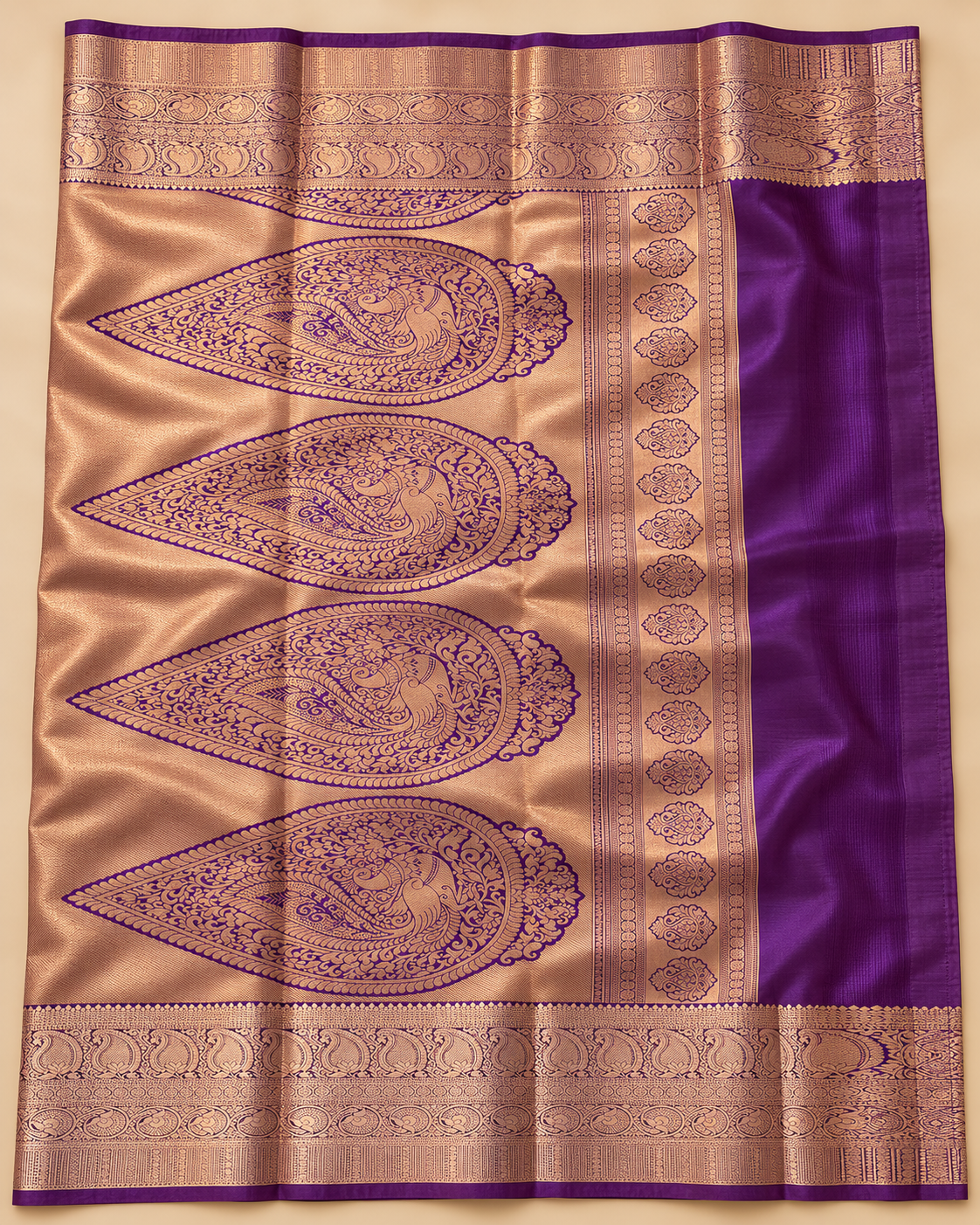 Ornamental pallu — mustard and purple silk saree
