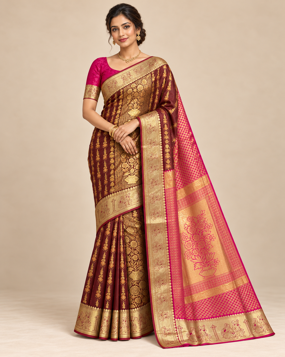 Front view — burgundy silk saree with pink floral pallu