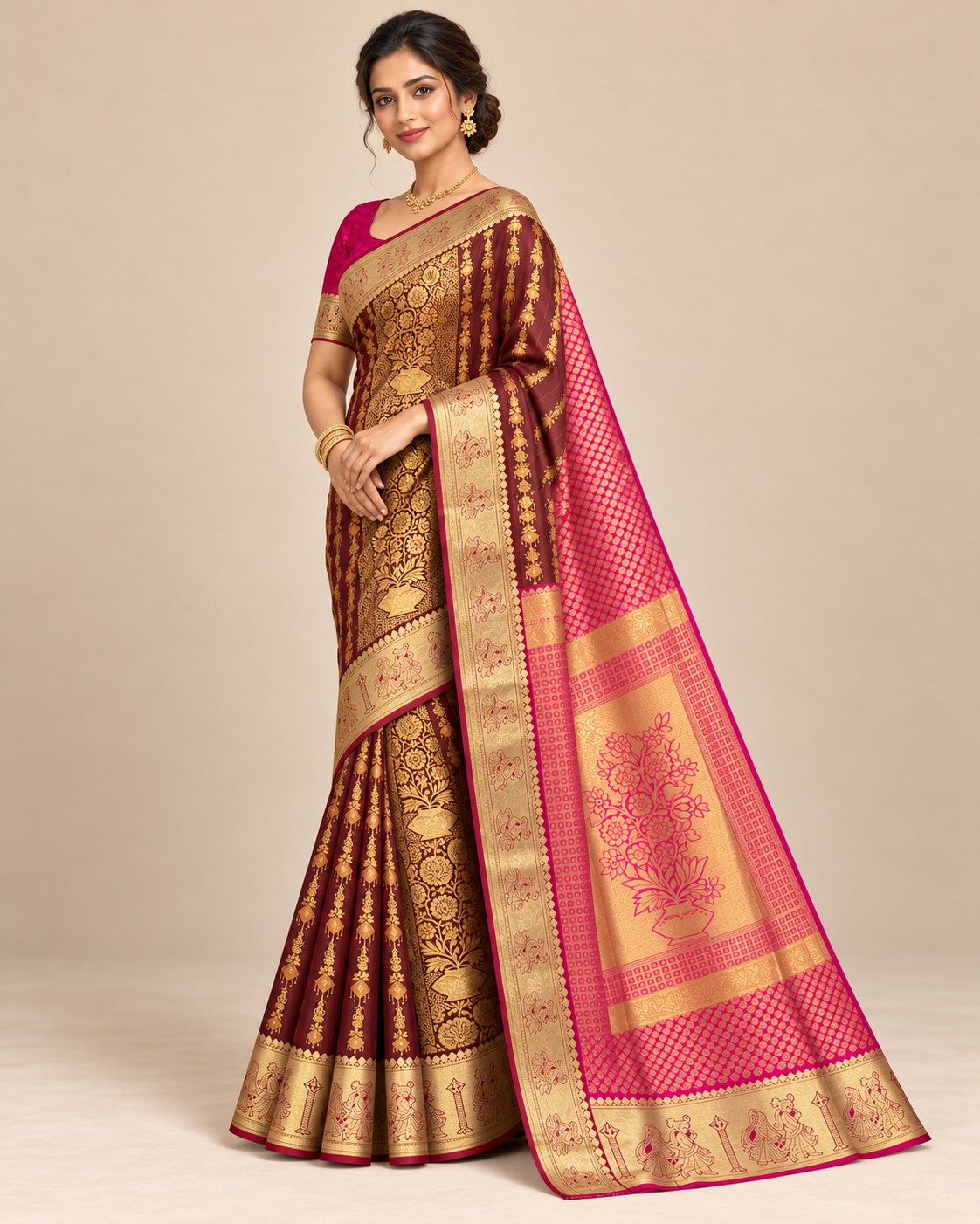 Three-quarter view — burgundy silk saree with pink floral pallu