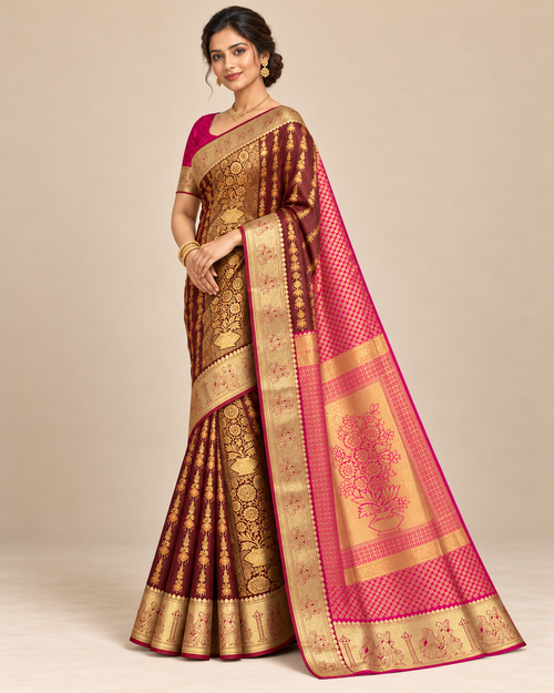 Three-quarter view — burgundy silk saree with pink floral pallu