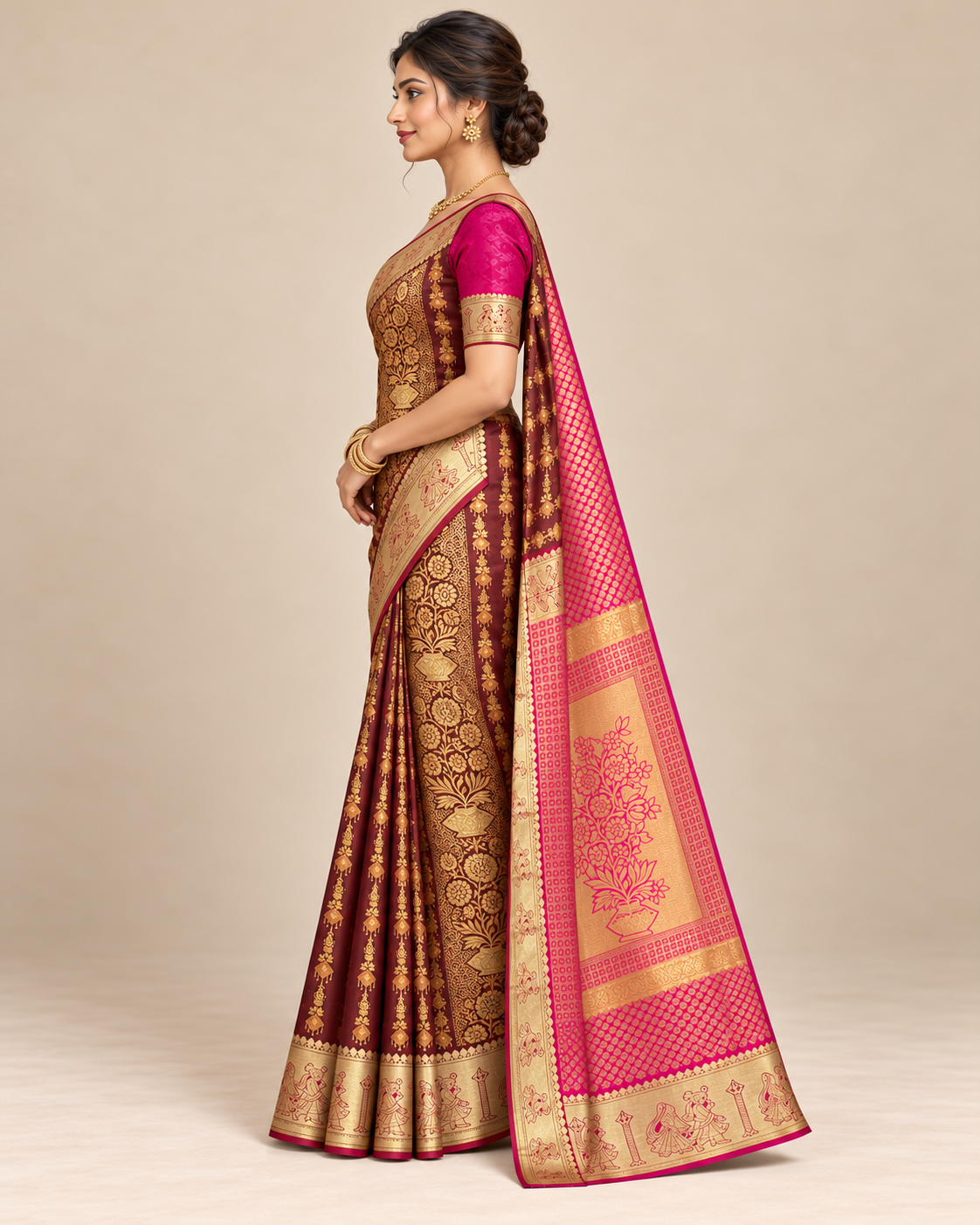 Side view — burgundy silk saree with pink floral pallu