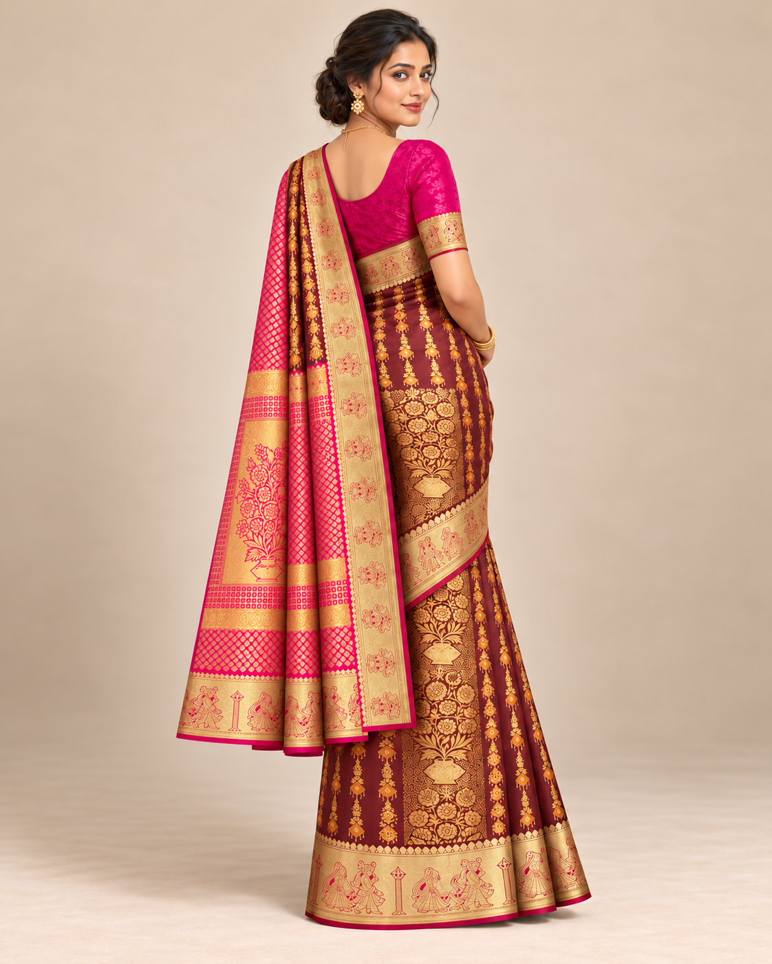 Back view — burgundy silk saree with pink floral pallu