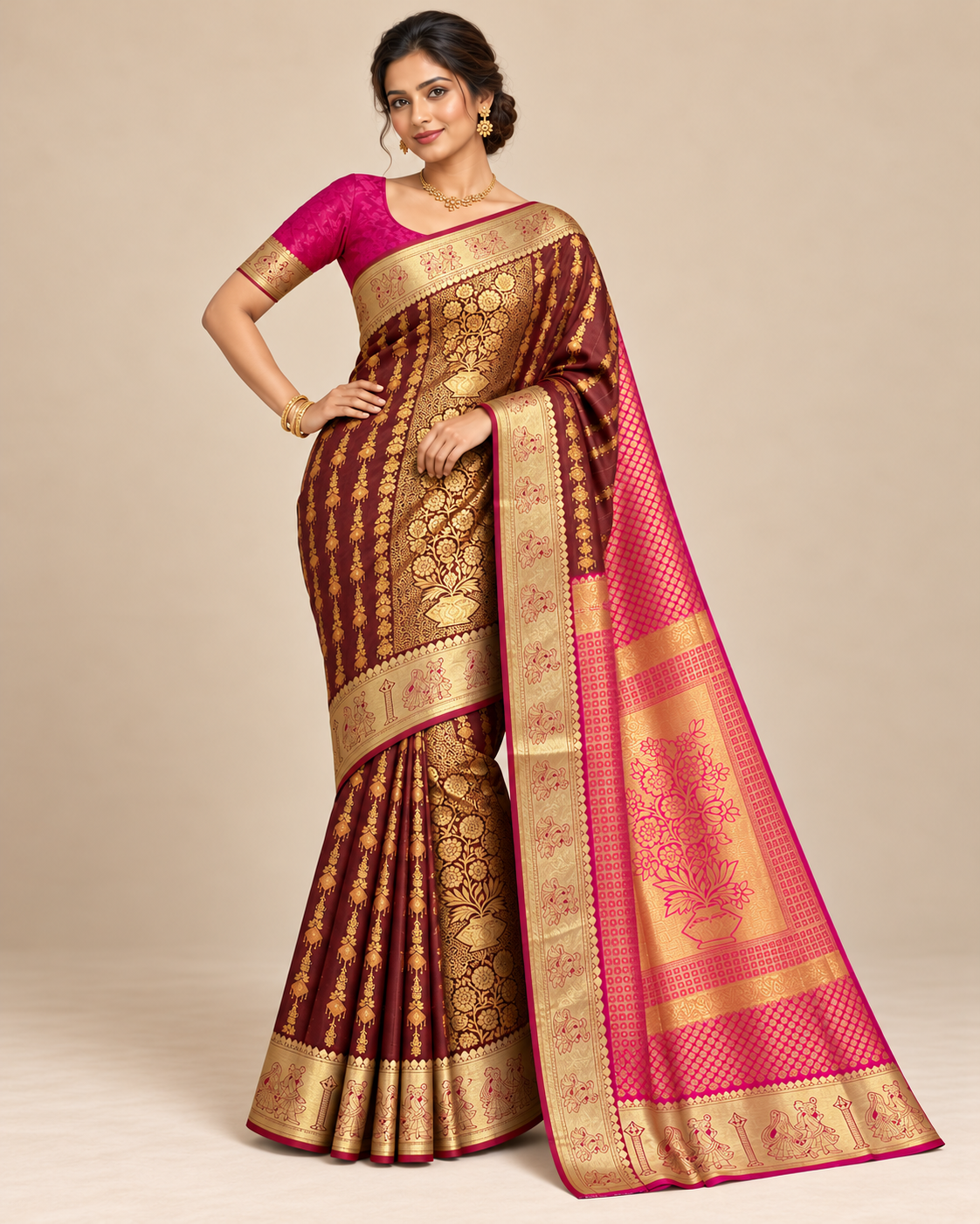 Alternate pose — burgundy silk saree with pink floral pallu