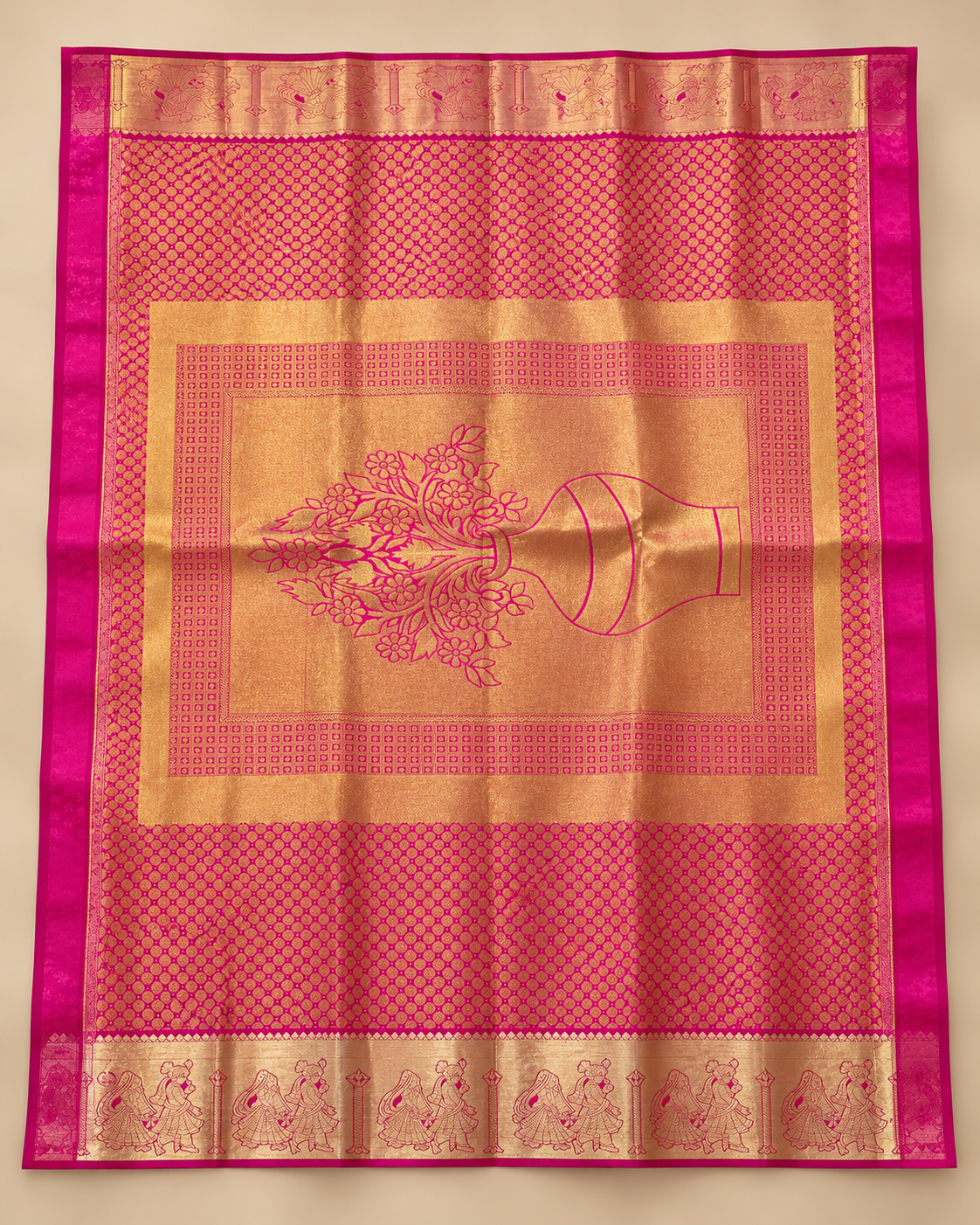 Ornamental pallu — burgundy silk saree with pink floral pallu