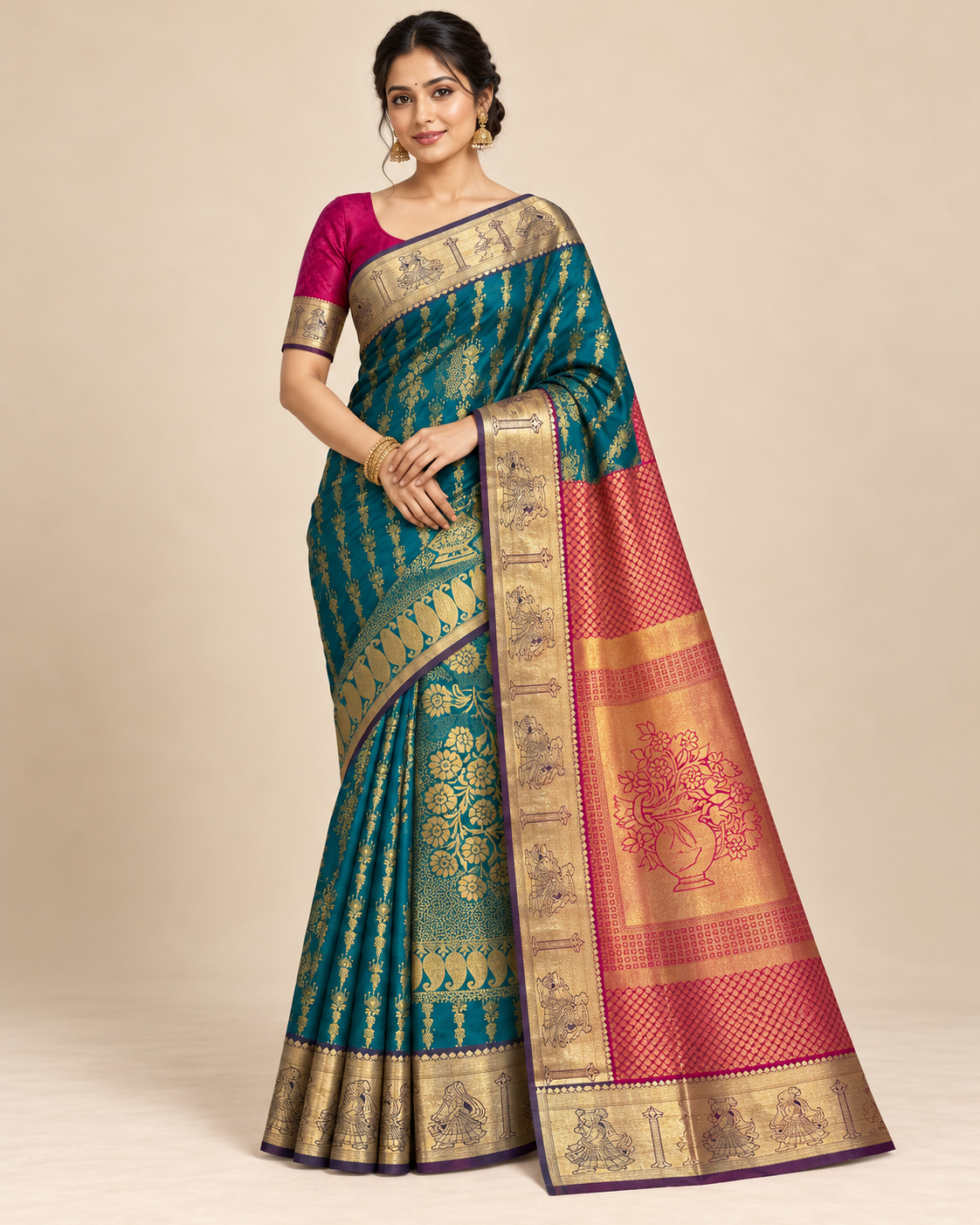 Front view — peacock teal silk saree with pink floral pallu