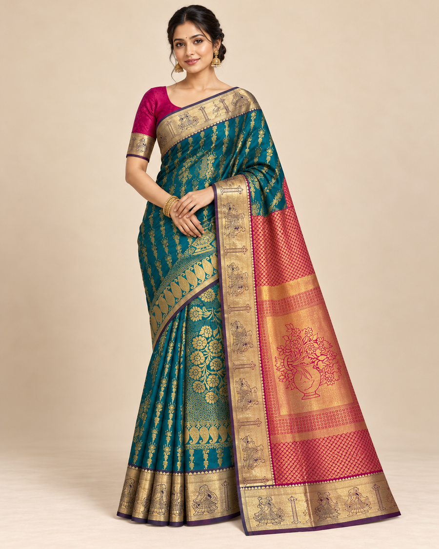 Front view — peacock teal silk saree with pink floral pallu