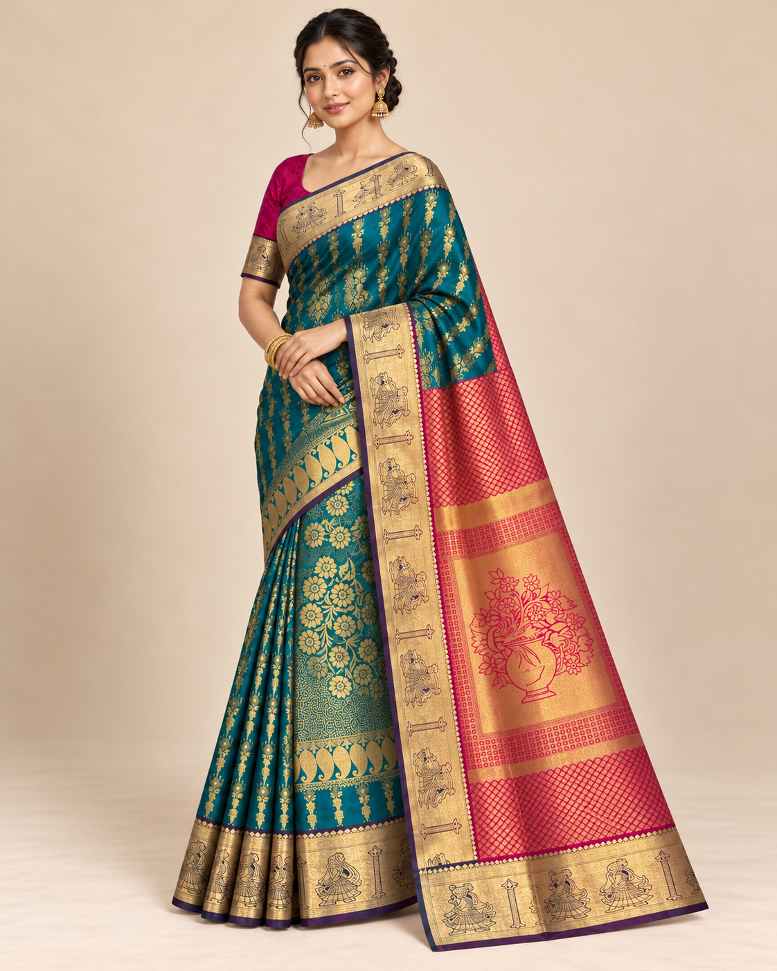 Three-quarter view — peacock teal silk saree with pink floral pallu