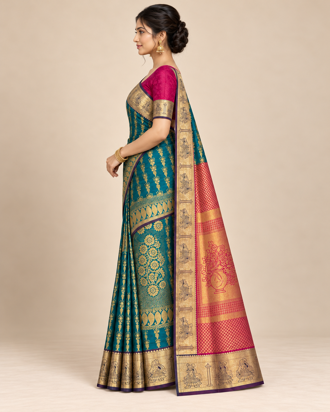 Side view — peacock teal silk saree with pink floral pallu