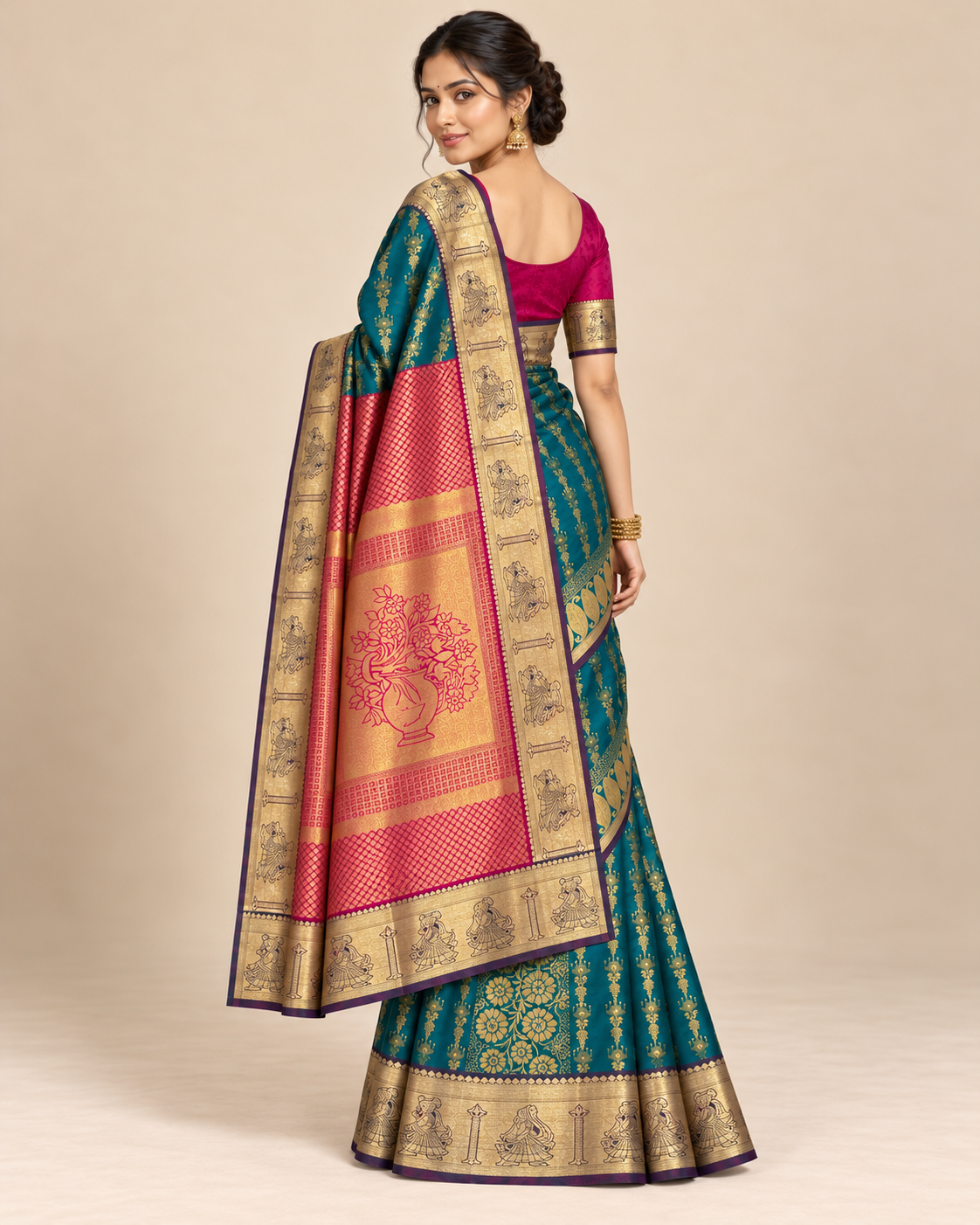 Back view — peacock teal silk saree with pink floral pallu
