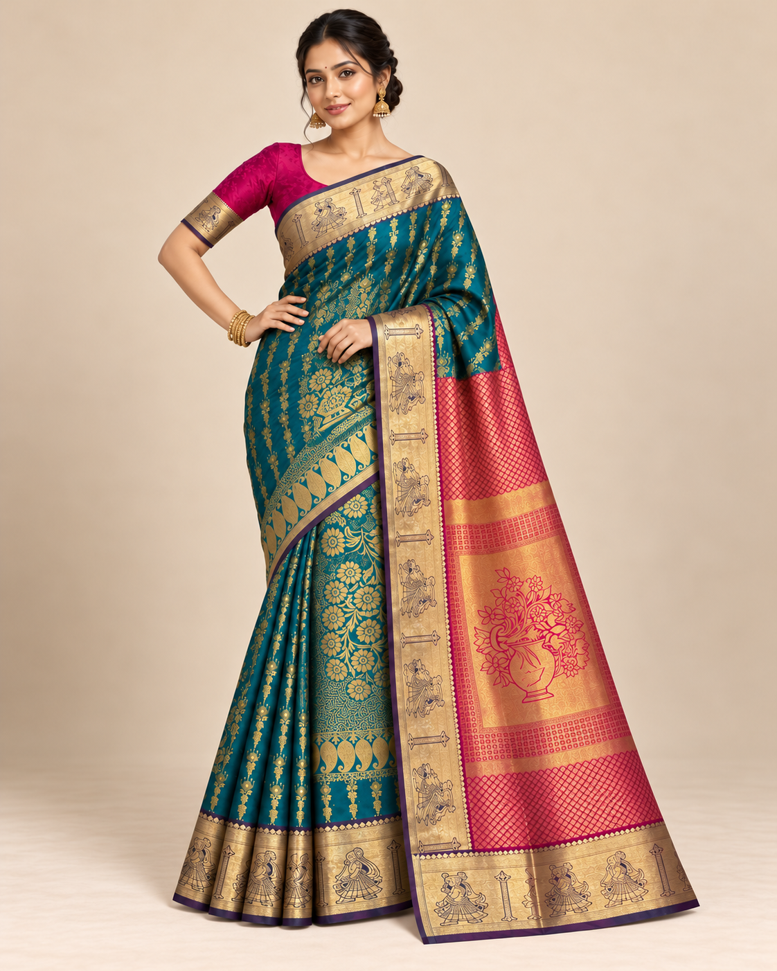 Alternate pose — peacock teal silk saree with pink floral pallu