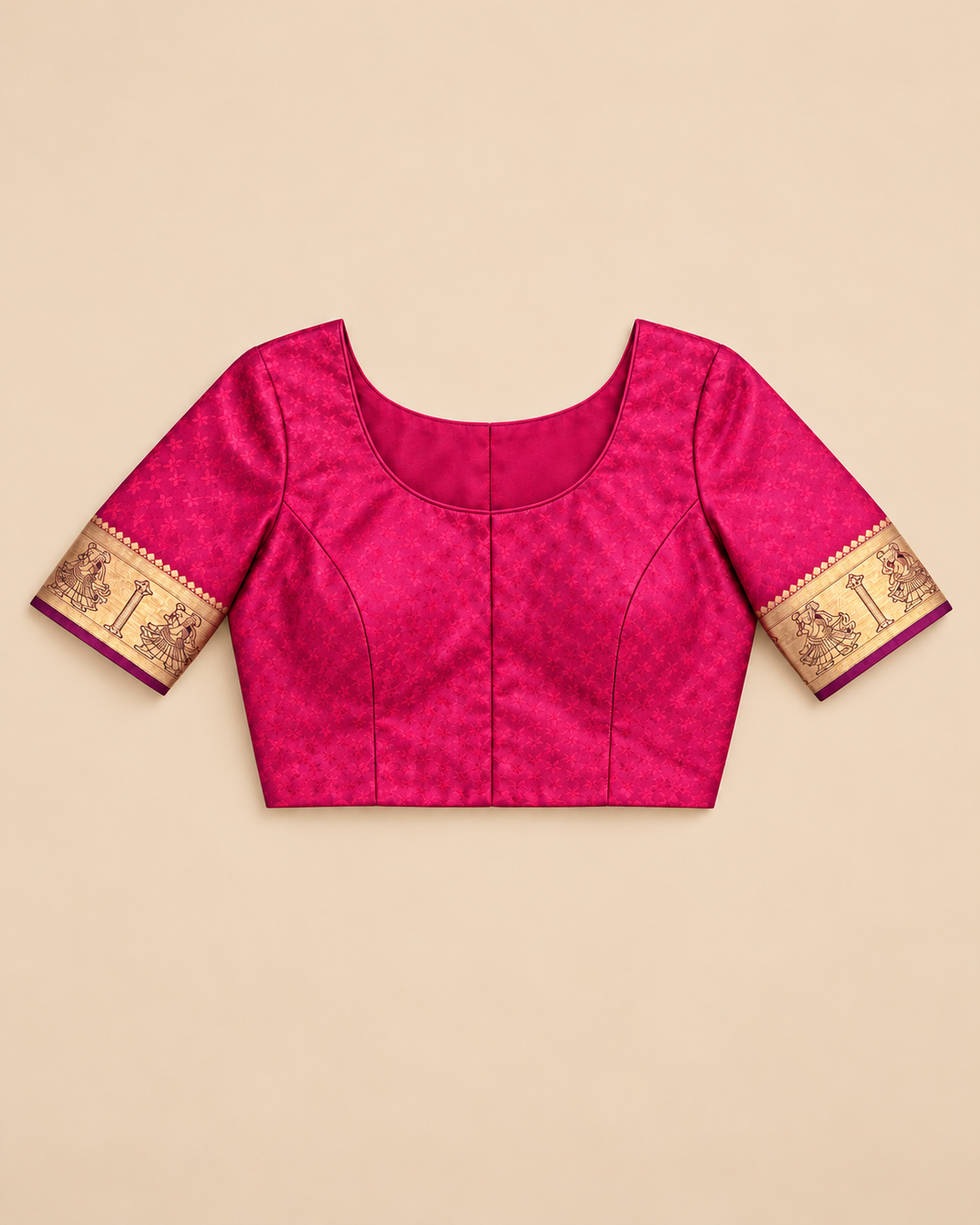 Stitched blouse styling example; unstitched fabric supplied — peacock teal silk saree with pink floral pallu