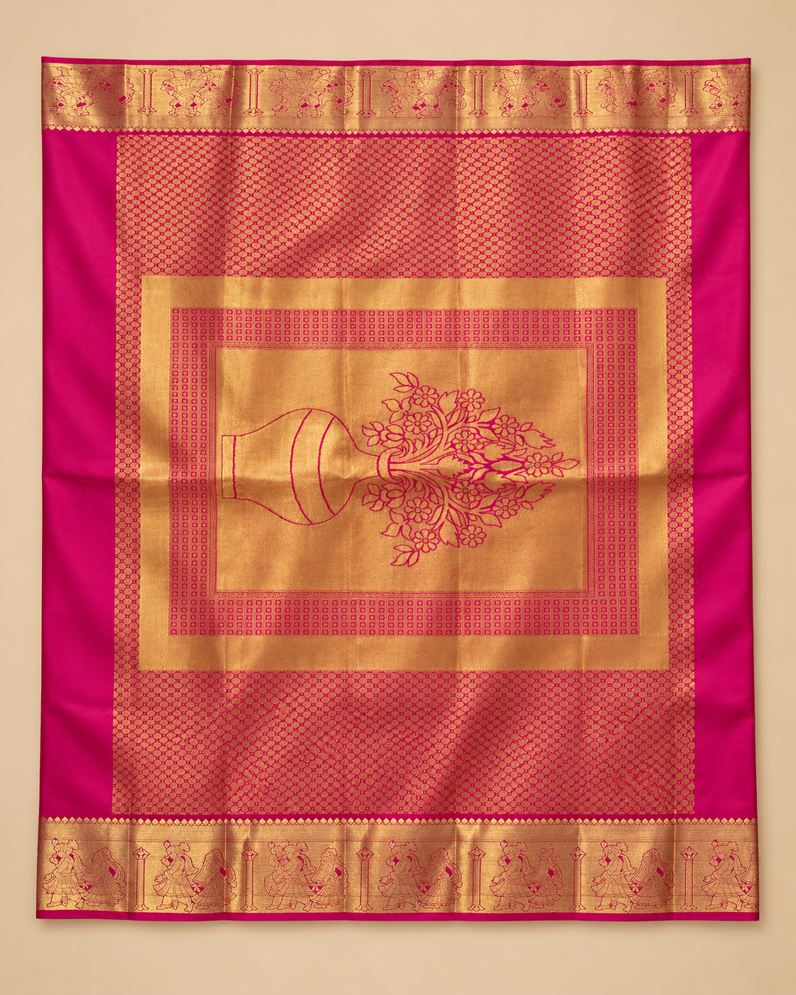 Ornamental pallu — peacock teal silk saree with pink floral pallu