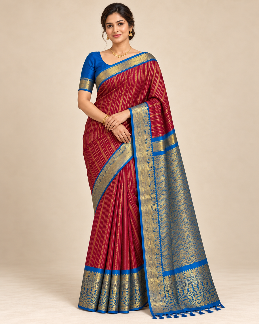 Front view — raspberry and royal blue silk saree