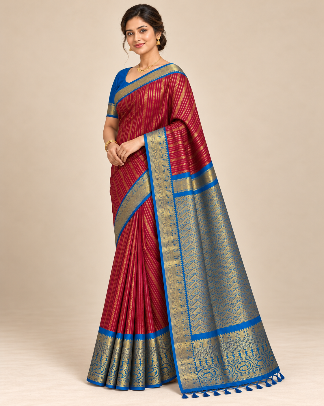 Three-quarter view — raspberry and royal blue silk saree