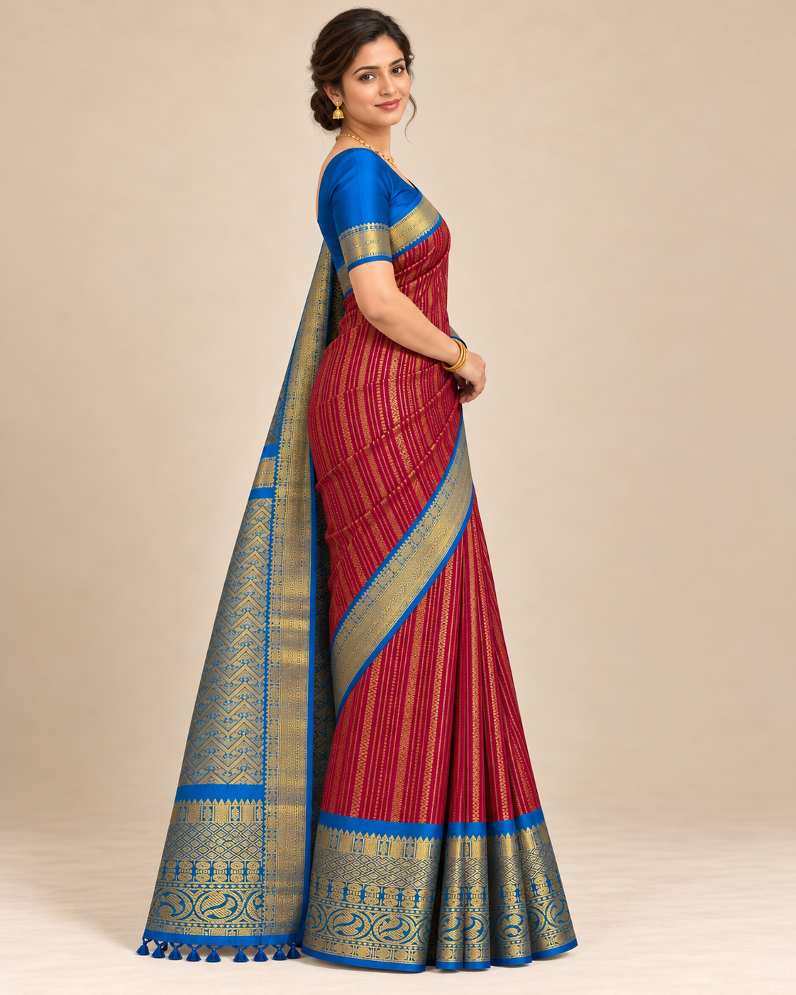 Side view — raspberry and royal blue silk saree