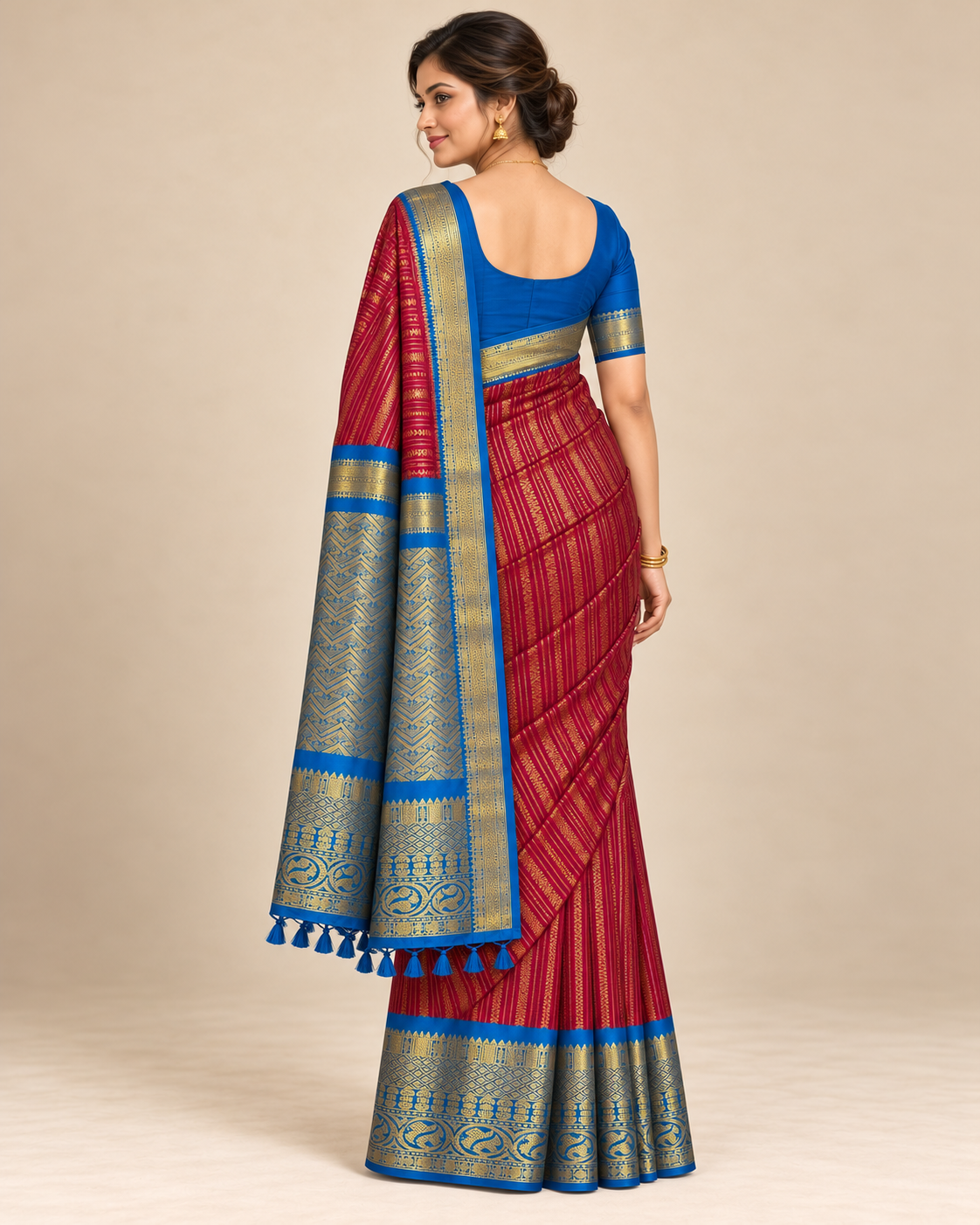 Back view — raspberry and royal blue silk saree