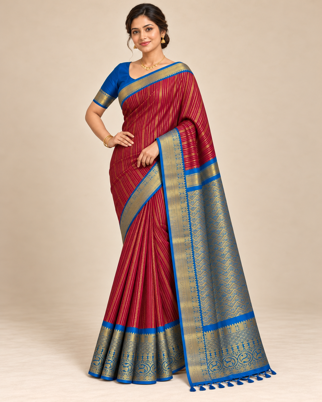 Alternate pose — raspberry and royal blue silk saree