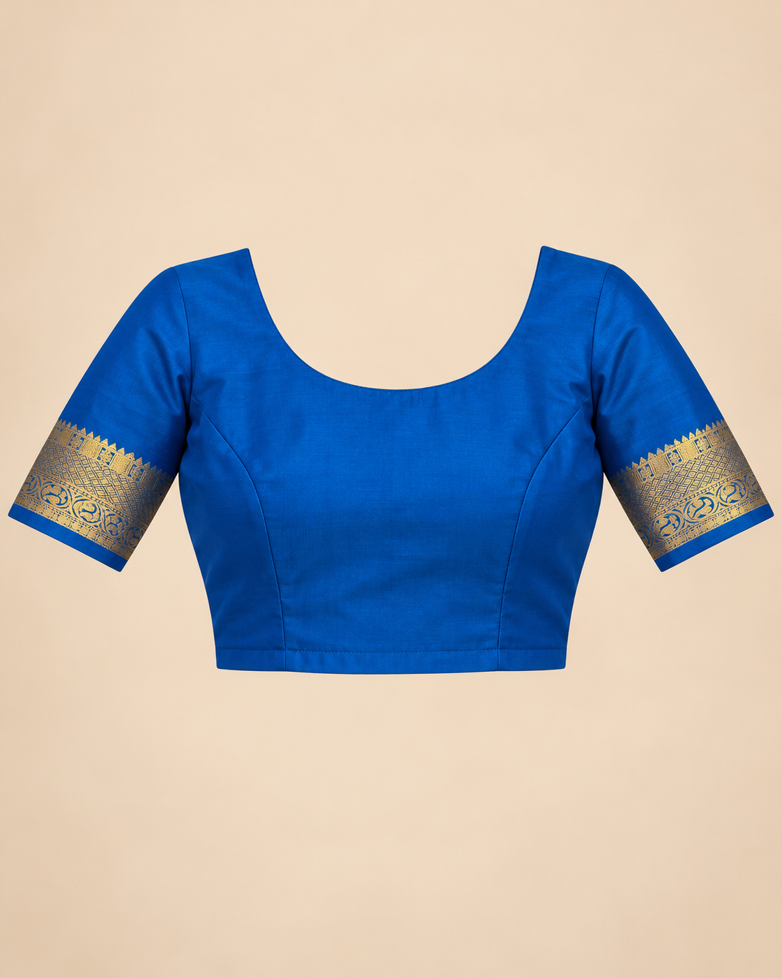Stitched blouse styling example; unstitched fabric supplied — raspberry and royal blue silk saree