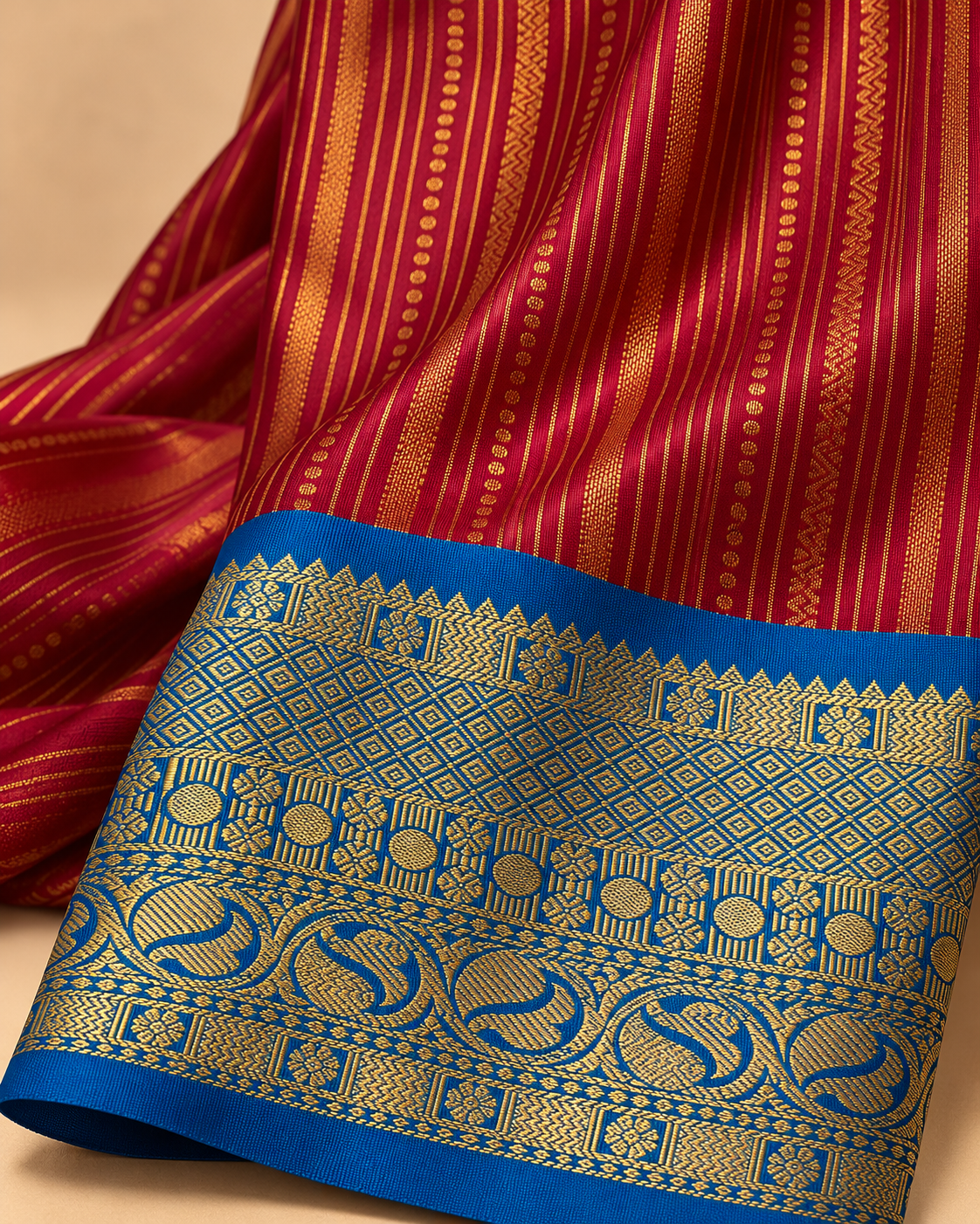 Woven stripes and border detail — raspberry and royal blue silk saree