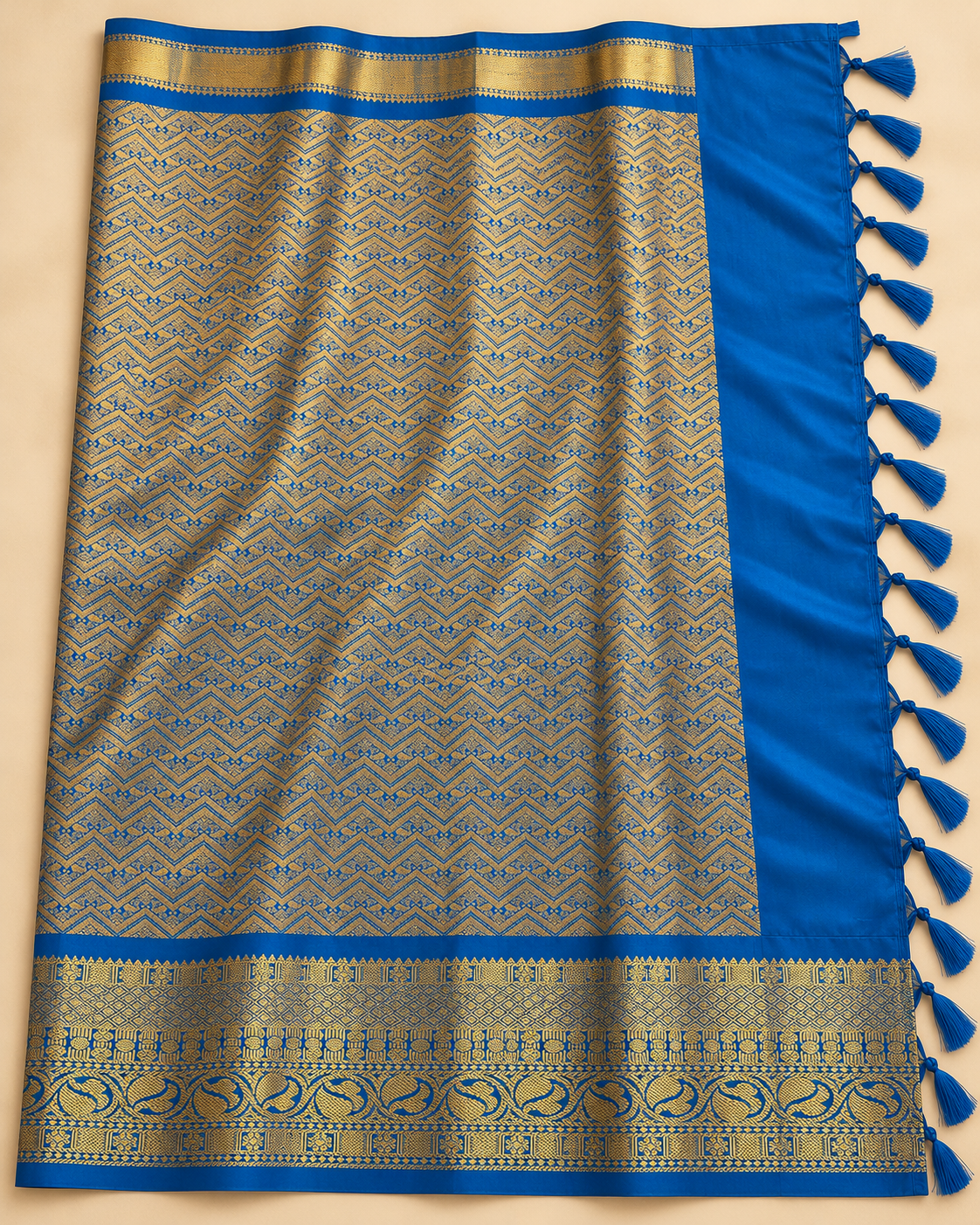 Zigzag woven pallu — raspberry and royal blue silk saree