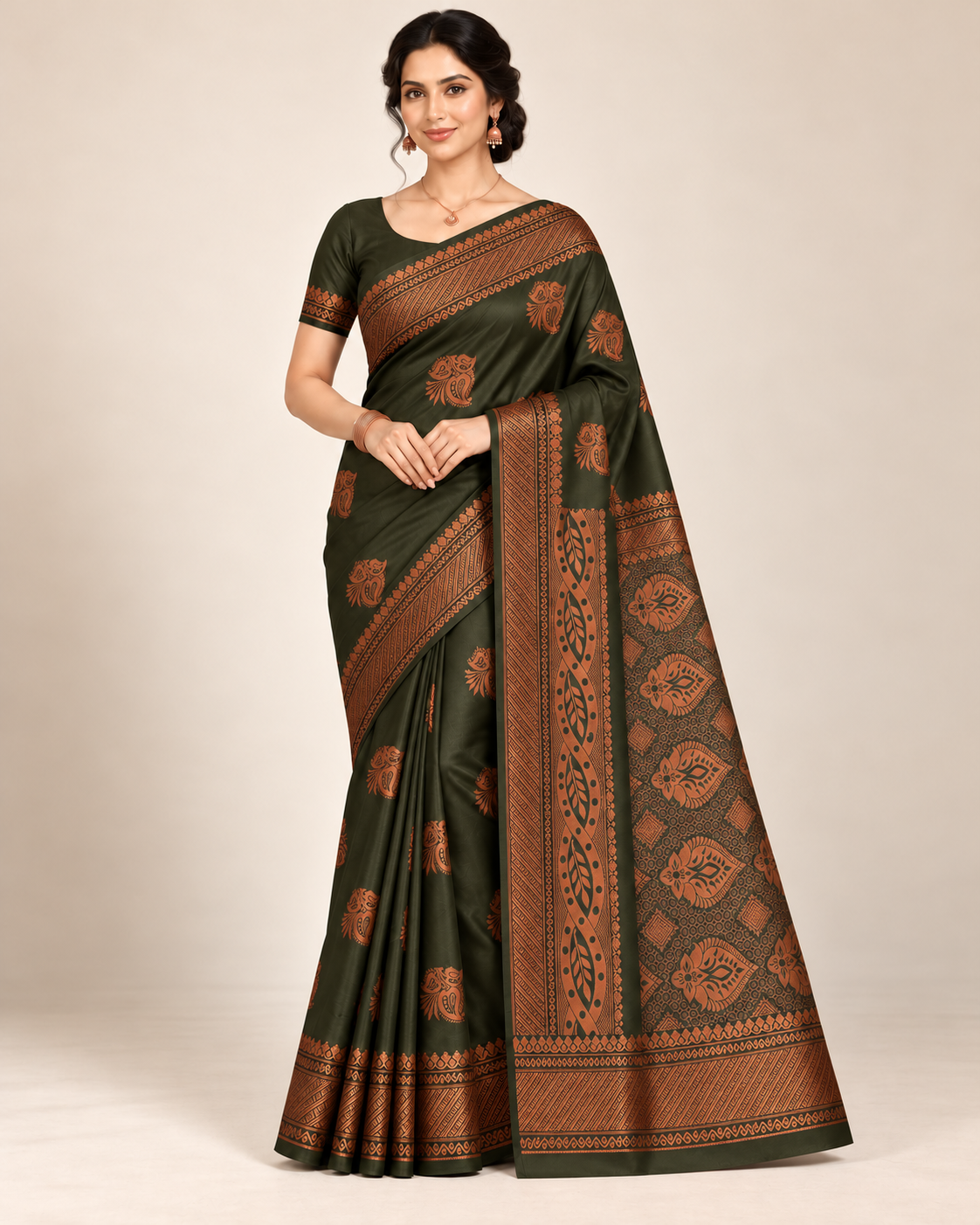 Front view of an olive green silk saree with copper motifs and geometric border