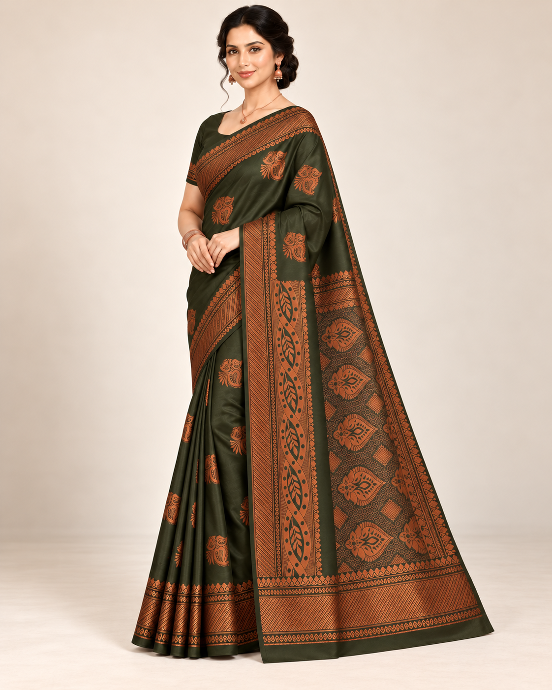 Three-quarter view of an olive green silk saree with copper woven details