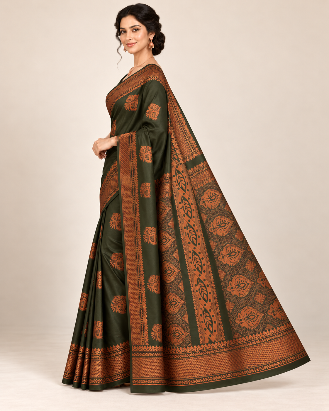 Side view of an olive green silk saree and copper patterned pallu