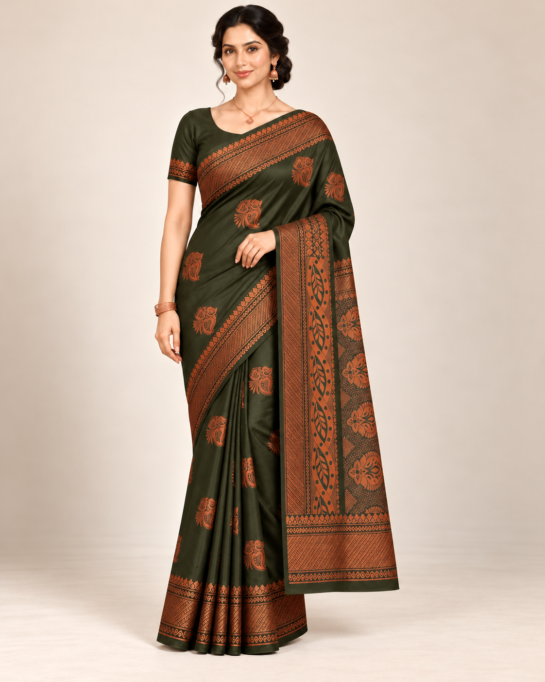 Olive green silk saree in a relaxed pose with a folded pallu