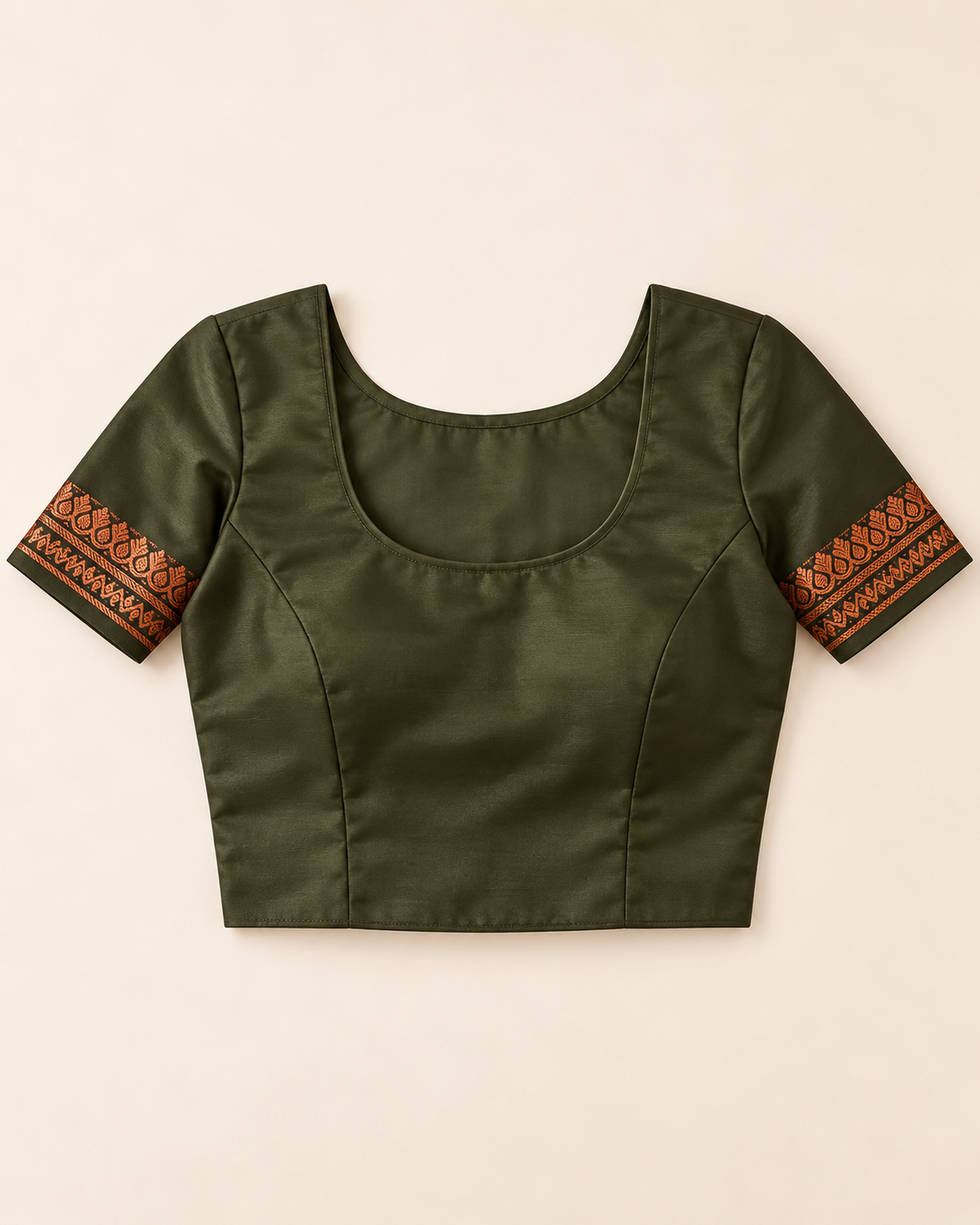 Olive green stitched example blouse with short sleeves and copper cuffs