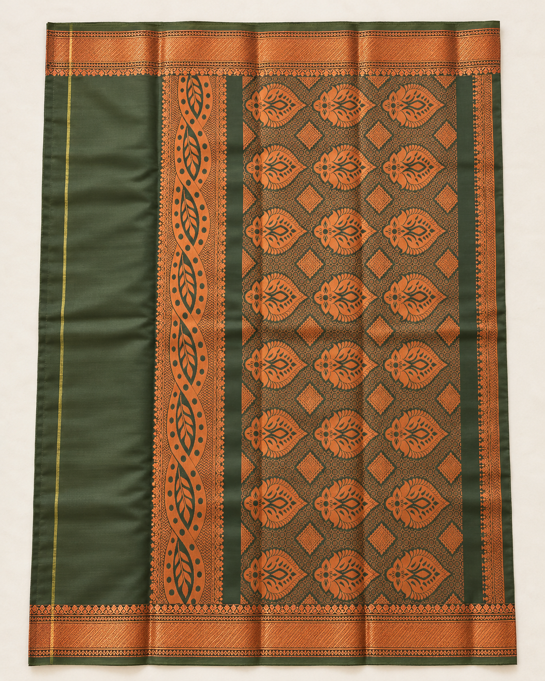 Full olive green and copper pallu with floral leaf motifs and geometric details