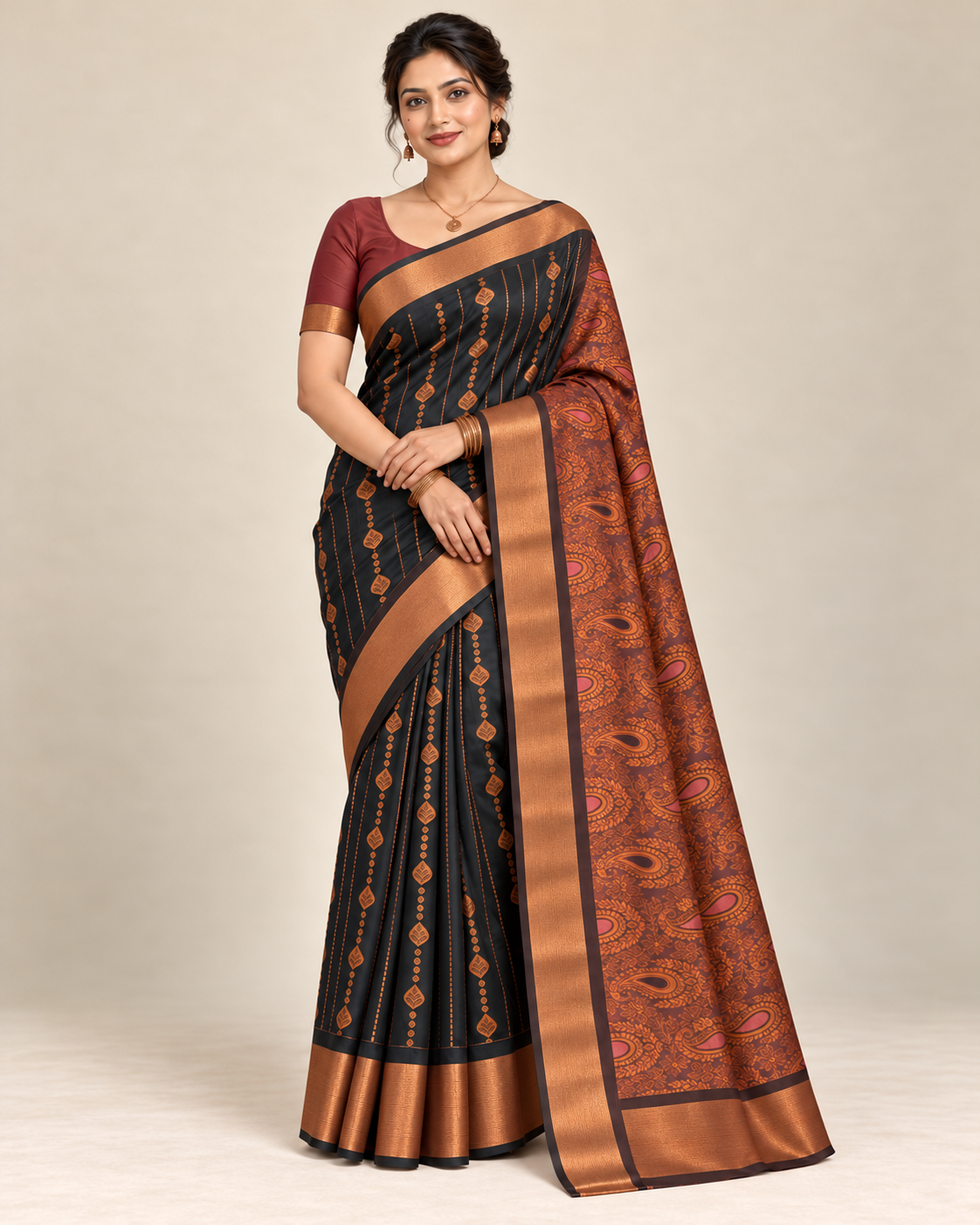 Front view — charcoal silk saree