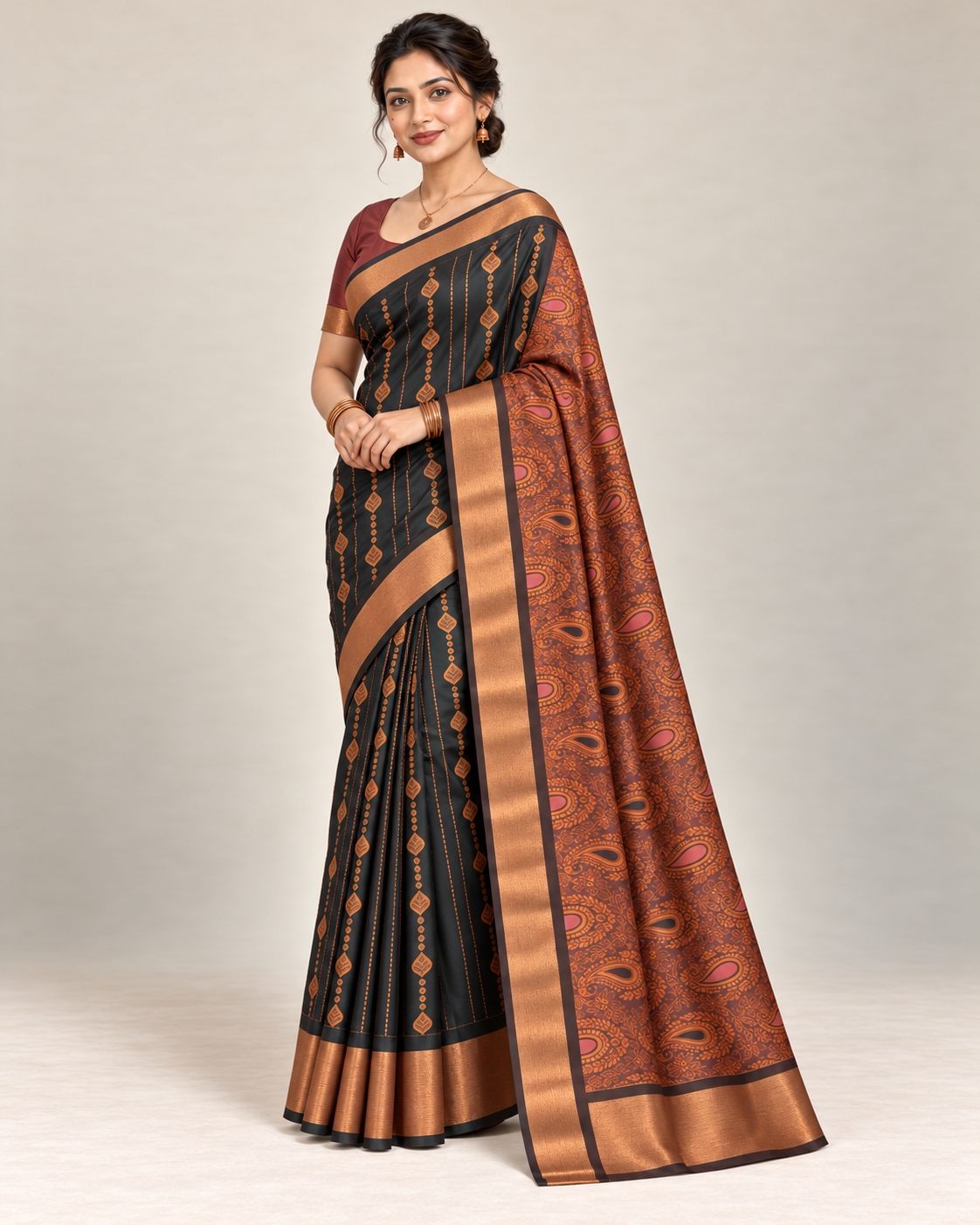 Three-quarter view — charcoal silk saree